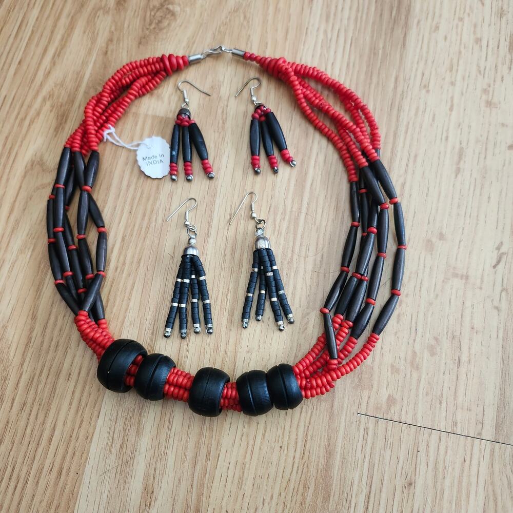 India Red Black Multi Strand Beaded Necklace 2 Pairs Earrings Ethnic Jewelry Lot